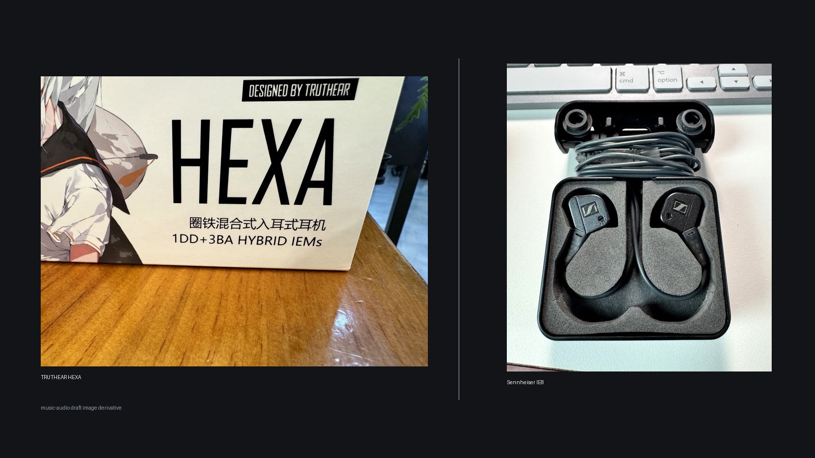 TRUTHEAR HEXA와 Sennheiser IE8을 함께 놓고 비교 청음한 인이어 이어폰 사진