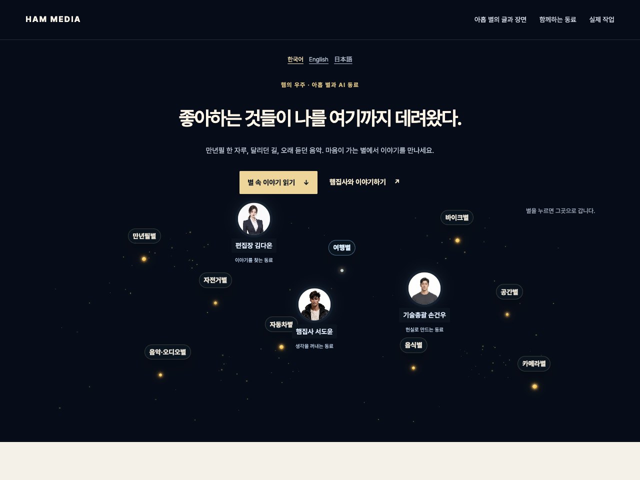 개편 전 HAM MEDIA 홈페이지. 별과 동료를 탐색하던 첫 화면