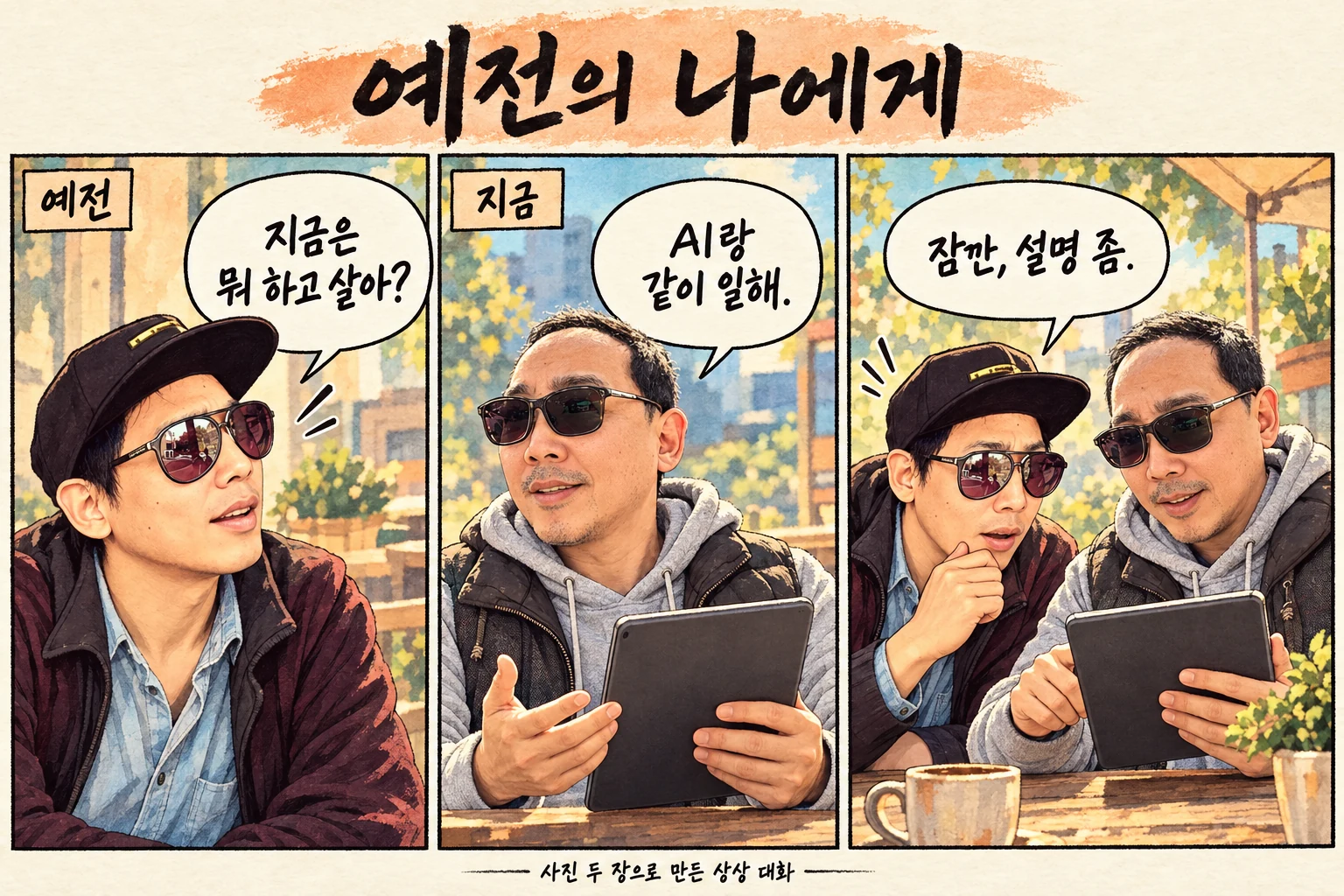 예전의 나와 지금의 나를 한 장면에 담은 생성 예시
